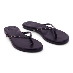 Soléi Indie Black Flip Flop Sandals - Vegan Leather, Brass Studs, Size 7